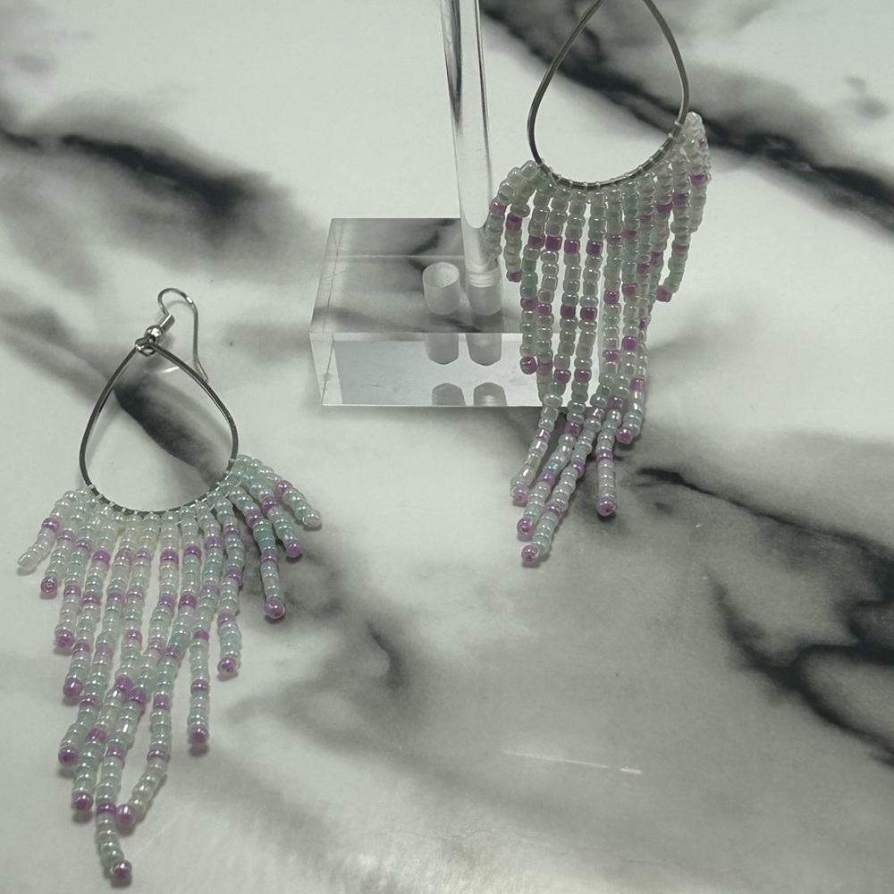 White & Pink Hoop Fringe Earrings